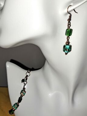 Beaded Earring & Bracelet- Green Cube Glitter Swirl Glass & Copper Accents